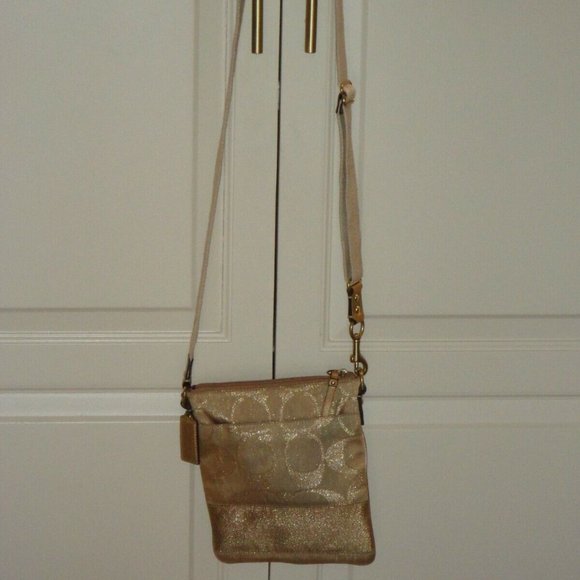 COACH Messenger Metallic Gold Sparkle Logo Crossbody Canvas Purse - Picture 3 of 8